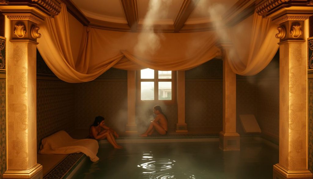 A cozy, softly lit interior of a traditional Turkish bath, or "hamam," showcasing the serene privacy and comfort of the women's section. Plush fabrics in muted tones drape over ornate architectural details, casting a warm glow. Ornate tile patterns line the walls, reflecting the gentle light. Misty steam drifts through the air, creating an atmosphere of tranquility and relaxation. Ambient sounds of lapping water and the faint chatter of women add to the immersive experience. The scene evokes a sense of timeless tradition and female-centric respite from the bustling city outside. A cozy, softly lit interior of a traditional Turkish bath, or "hamam," showcasing the serene privacy and comfort of the women's section. Plush fabrics in muted tones drape over ornate architectural details, casting a warm glow. Ornate tile patterns line the walls, reflecting the gentle light. Misty steam drifts through the air, creating an atmosphere of tranquility and relaxation. Ambient sounds of lapping water and the faint chatter of women add to the immersive experience. The scene evokes a sense of timeless tradition and female-centric respite from the bustling city outside.