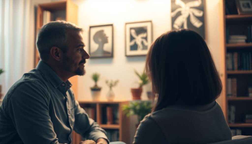 A cozy, well-lit therapy office in Bakırköy, Istanbul. Soft, diffused lighting illuminates the scene, creating a warm and inviting atmosphere. In the foreground, a client and therapist are engaged in deep conversation, their body language reflecting a sense of openness and trust. The client's face is partially obscured, conveying a sense of intimacy. The therapist's expression is one of empathy and active listening. In the background, bookshelves and calming artwork add to the professional yet soothing ambiance of the space. The overall composition suggests a safe, nurturing environment where effective communication can take place.