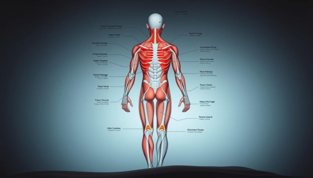 A detailed anatomical diagram of the human body, showcasing the intricate network of muscles, tendons, and connective tissue that are the focus of massage therapy. The image should be rendered in a clean, technical style with precise linework and muted colors, conveying a sense of scientific understanding. The diagram should be set against a dimly lit, serene backdrop, suggesting the calming environment of a massage studio. Subtle lighting should highlight the key muscle groups and pressure points, emphasizing the therapeutic principles behind massage. The overall composition should strike a balance between the clinical aspects of the subject matter and the tranquil, restorative atmosphere of the massage experience. A detailed anatomical diagram of the human body, showcasing the intricate network of muscles, tendons, and connective tissue that are the focus of massage therapy. The image should be rendered in a clean, technical style with precise linework and muted colors, conveying a sense of scientific understanding. The diagram should be set against a dimly lit, serene backdrop, suggesting the calming environment of a massage studio. Subtle lighting should highlight the key muscle groups and pressure points, emphasizing the therapeutic principles behind massage. The overall composition should strike a balance between the clinical aspects of the subject matter and the tranquil, restorative atmosphere of the massage experience.
