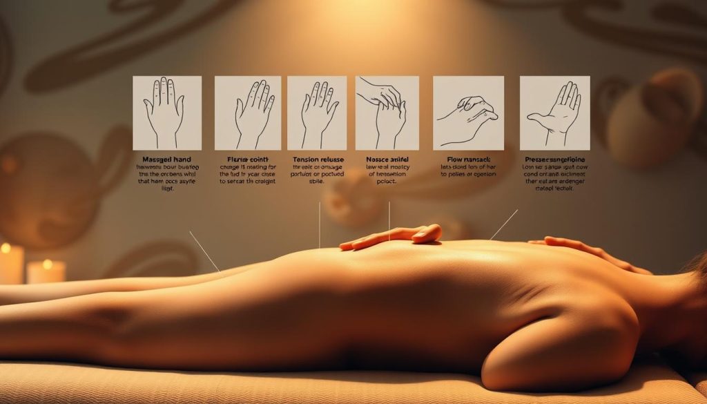 A detailed illustration of massage techniques and their benefits, showcasing the different hand positions, pressure points, and flow of movements. The scene is set in a serene, dimly lit massage studio, with soft lighting casting a warm, soothing glow. The background features abstract patterns and textures, evoking a sense of relaxation and wellness. The foreground focuses on the massage technique, with the hands expertly manipulating the muscles, highlighting the key areas of tension release and circulation improvement. The composition is balanced, with a clean, minimalist aesthetic that emphasizes the massage process and its therapeutic effects.