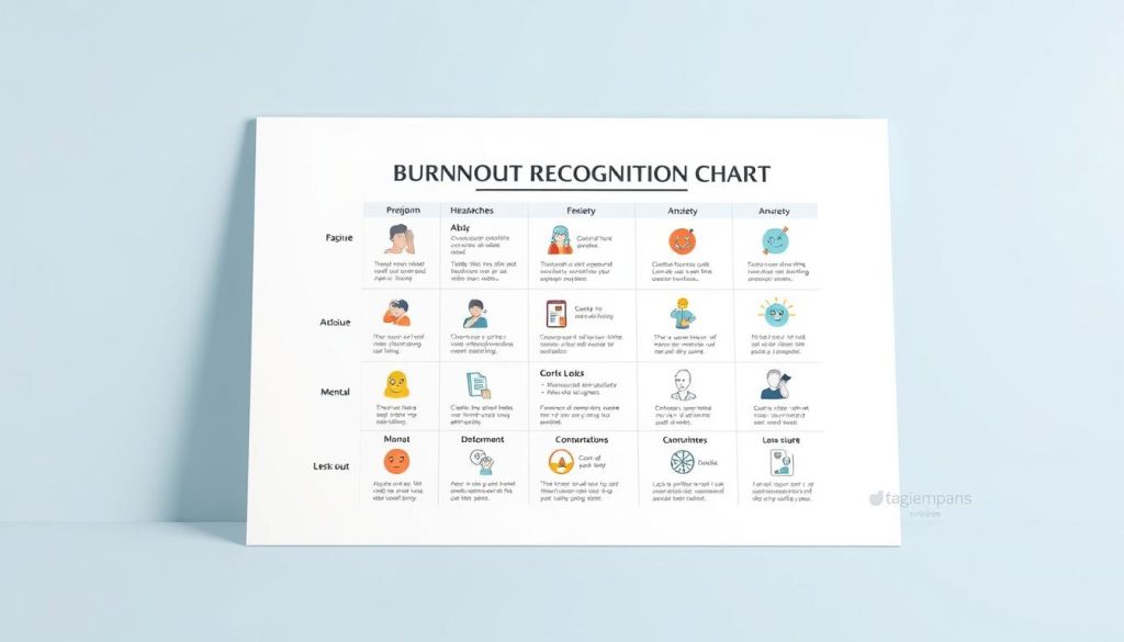 A detailed infographic displaying a "Burnout Symptoms Recognition Chart" against a clean, minimalist background. The chart showcases various physical and mental signs of burnout, such as fatigue, headaches, anxiety, and lack of motivation, using a clear, organized layout and intuitive icons or illustrations. The overall design is polished, with a soothing color palette and balanced composition to convey a sense of awareness and understanding of this workplace issue. A detailed infographic displaying a "Burnout Symptoms Recognition Chart" against a clean, minimalist background. The chart showcases various physical and mental signs of burnout, such as fatigue, headaches, anxiety, and lack of motivation, using a clear, organized layout and intuitive icons or illustrations. The overall design is polished, with a soothing color palette and balanced composition to convey a sense of awareness and understanding of this workplace issue.