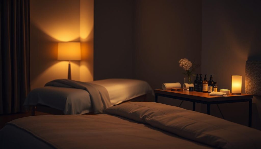 A dimly lit, cozy bedroom scene with soft, warm lighting from a bedside lamp casting a gentle glow. In the foreground, a plush king-size bed with high-quality linens and a mound of fluffy pillows, suggesting a comfortable, restful environment. In the middle ground, a massage table positioned next to the bed, with various massage oils and tools neatly arranged on a side table, hinting at the relaxing therapy to come. The background features a serene, minimalist decor with neutral tones and textures, creating a soothing, tranquil atmosphere conducive to deep, restorative sleep.