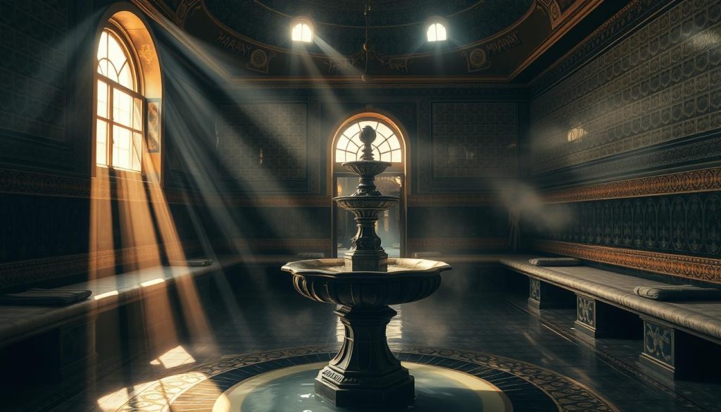 A dimly lit interior of an authentic Turkish hammam, with intricate tile patterns adorning the walls and floors. Beams of sunlight filter through high windows, casting a warm, golden glow over the steam-filled space. In the foreground, a large, ornate marble fountain stands as the centerpiece, its tranquil waters reflecting the tiled domes above. In the middle ground, plush, cushioned benches line the walls, inviting guests to relax and unwind. The background fades into a hazy, atmospheric blur, evoking a sense of timeless tradition and cultural heritage. A dimly lit interior of an authentic Turkish hammam, with intricate tile patterns adorning the walls and floors. Beams of sunlight filter through high windows, casting a warm, golden glow over the steam-filled space. In the foreground, a large, ornate marble fountain stands as the centerpiece, its tranquil waters reflecting the tiled domes above. In the middle ground, plush, cushioned benches line the walls, inviting guests to relax and unwind. The background fades into a hazy, atmospheric blur, evoking a sense of timeless tradition and cultural heritage.