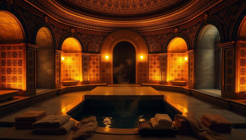A dimly lit, opulent Turkish bath chamber with intricate tile mosaics, ornate arched doorways, and a central raised marble platform surrounded by plush benches. Soft, warm lighting casts a golden glow, creating a serene and tranquil atmosphere. Wisps of steam rise from a sunken basin, hinting at the soothing, restorative experience within. Luxurious towels and an array of traditional bathing accoutrements are carefully arranged, inviting the viewer to indulge in the timeless ritual of relaxation and rejuvenation. A dimly lit, opulent Turkish bath chamber with intricate tile mosaics, ornate arched doorways, and a central raised marble platform surrounded by plush benches. Soft, warm lighting casts a golden glow, creating a serene and tranquil atmosphere. Wisps of steam rise from a sunken basin, hinting at the soothing, restorative experience within. Luxurious towels and an array of traditional bathing accoutrements are carefully arranged, inviting the viewer to indulge in the timeless ritual of relaxation and rejuvenation.
