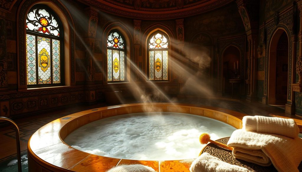 A dimly lit, opulent Turkish bath chamber, with steam gently filling the air. Sunlight streams through ornate stained-glass windows, casting a warm, golden glow. Intricate tile mosaics and carved marble surfaces adorn the walls, evoking the rich heritage of Ottoman architecture. In the center, a large, circular, sunken pool filled with soapy, foamy water, inviting the visitor to sink into a state of utter relaxation. Nearby, an intricately tiled platform holds fragrant soaps, scrubbing brushes, and fluffy towels, ready for the indulgent pampering experience. The atmosphere is one of tranquility and indulgence, transporting the viewer to a serene oasis of rejuvenation.