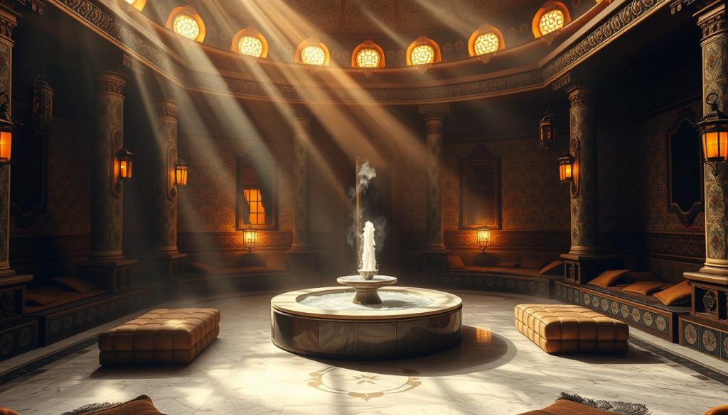 A dimly lit, opulent Turkish hamam with intricate tile work and ornate architectural details. Shafts of warm, golden light filter through the steam-filled air, creating a serene, tranquil atmosphere. In the center, a large, circular marble plinth with a gently bubbling fountain glistens, surrounded by plush, cushioned seating areas. The walls are adorned with ornate mirrors and Turkish lanterns, casting a soft, ambient glow. A sense of timeless luxury and relaxation pervades the scene, transporting the viewer to the heart of an authentic Istanbul spa experience. A dimly lit, opulent Turkish hamam with intricate tile work and ornate architectural details. Shafts of warm, golden light filter through the steam-filled air, creating a serene, tranquil atmosphere. In the center, a large, circular marble plinth with a gently bubbling fountain glistens, surrounded by plush, cushioned seating areas. The walls are adorned with ornate mirrors and Turkish lanterns, casting a soft, ambient glow. A sense of timeless luxury and relaxation pervades the scene, transporting the viewer to the heart of an authentic Istanbul spa experience.