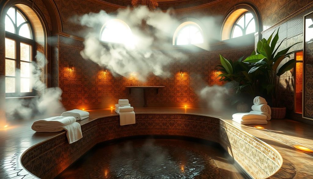 A dimly lit, opulent Turkish hammam, with ornately tiled walls and floors reflecting the warm, ambient lighting. Steam billows gently, creating a hazy, serene atmosphere. Sunlight filters through high windows, casting a soft, golden glow. Plush, white towels and lush, green plants accent the space, evoking a tranquil, rejuvenating experience. The scene exudes a sense of luxury and relaxation, perfectly capturing the essence of a premium spa treatment in Fatih. A dimly lit, opulent Turkish hammam, with ornately tiled walls and floors reflecting the warm, ambient lighting. Steam billows gently, creating a hazy, serene atmosphere. Sunlight filters through high windows, casting a soft, golden glow. Plush, white towels and lush, green plants accent the space, evoking a tranquil, rejuvenating experience. The scene exudes a sense of luxury and relaxation, perfectly capturing the essence of a premium spa treatment in Fatih.