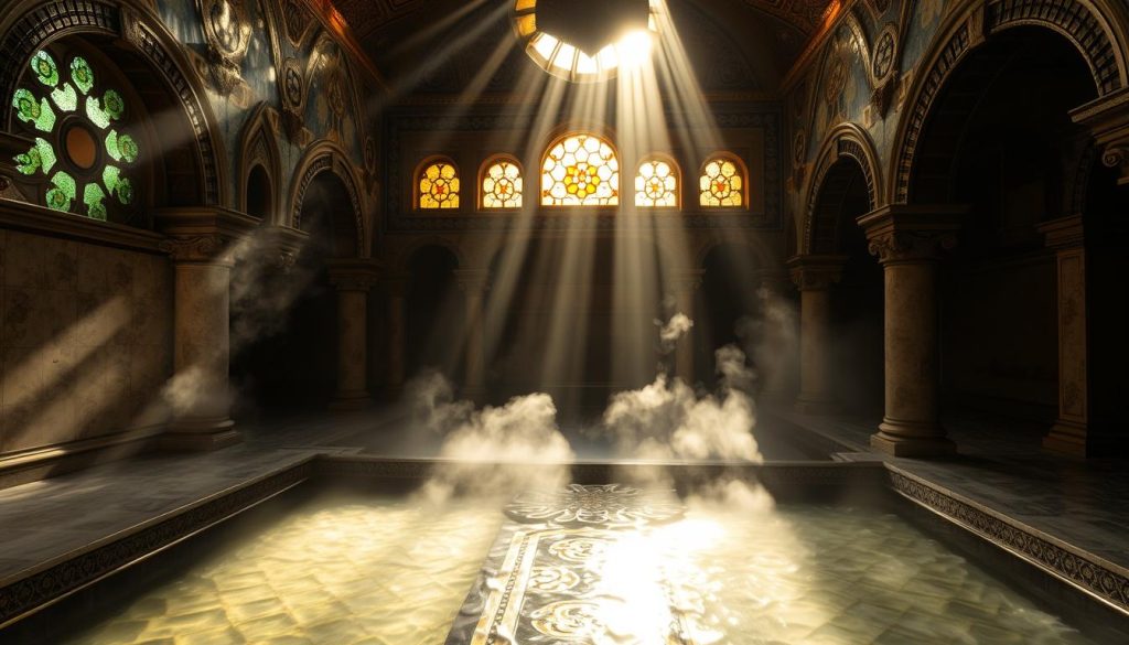 A dimly lit, opulent interior of a traditional Turkish bath, or hamam. Sunlight filters through ornate stained-glass windows, casting a warm, golden glow. Ornate arched doorways lead to various bathing chambers, while intricate tile patterns and marble surfaces create a serene, luxurious ambiance. Plumes of steam rise from the heated stone slabs, and the air is infused with the aroma of aromatic oils and eucalyptus. A sense of timeless tranquility pervades the scene, inviting visitors to immerse themselves in the timeless wellness rituals of Ottoman tradition. A dimly lit, opulent interior of a traditional Turkish bath, or hamam. Sunlight filters through ornate stained-glass windows, casting a warm, golden glow. Ornate arched doorways lead to various bathing chambers, while intricate tile patterns and marble surfaces create a serene, luxurious ambiance. Plumes of steam rise from the heated stone slabs, and the air is infused with the aroma of aromatic oils and eucalyptus. A sense of timeless tranquility pervades the scene, inviting visitors to immerse themselves in the timeless wellness rituals of Ottoman tradition.