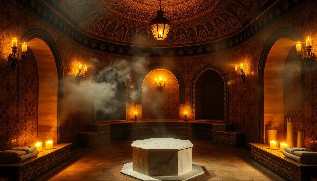 A dimly lit, opulent interior of an authentic Turkish hammam, the steam-filled air enveloping the senses. Intricate tiled walls and domed ceilings reflect the warm candlelight, casting a golden glow. A central marble plinth stands as the centerpiece, surrounded by ornate alcoves and archways. Plush towels and luxurious toiletries adorn the periphery, hinting at the pampering experience to come. Mist swirls around, adding to the serene, tranquil atmosphere, as the scent of fragrant oils and spices permeates the space. A sense of timelessness and escape from the outside world, this is the ultimate VIP hammam journey. A dimly lit, opulent interior of an authentic Turkish hammam, the steam-filled air enveloping the senses. Intricate tiled walls and domed ceilings reflect the warm candlelight, casting a golden glow. A central marble plinth stands as the centerpiece, surrounded by ornate alcoves and archways. Plush towels and luxurious toiletries adorn the periphery, hinting at the pampering experience to come. Mist swirls around, adding to the serene, tranquil atmosphere, as the scent of fragrant oils and spices permeates the space. A sense of timelessness and escape from the outside world, this is the ultimate VIP hammam journey.