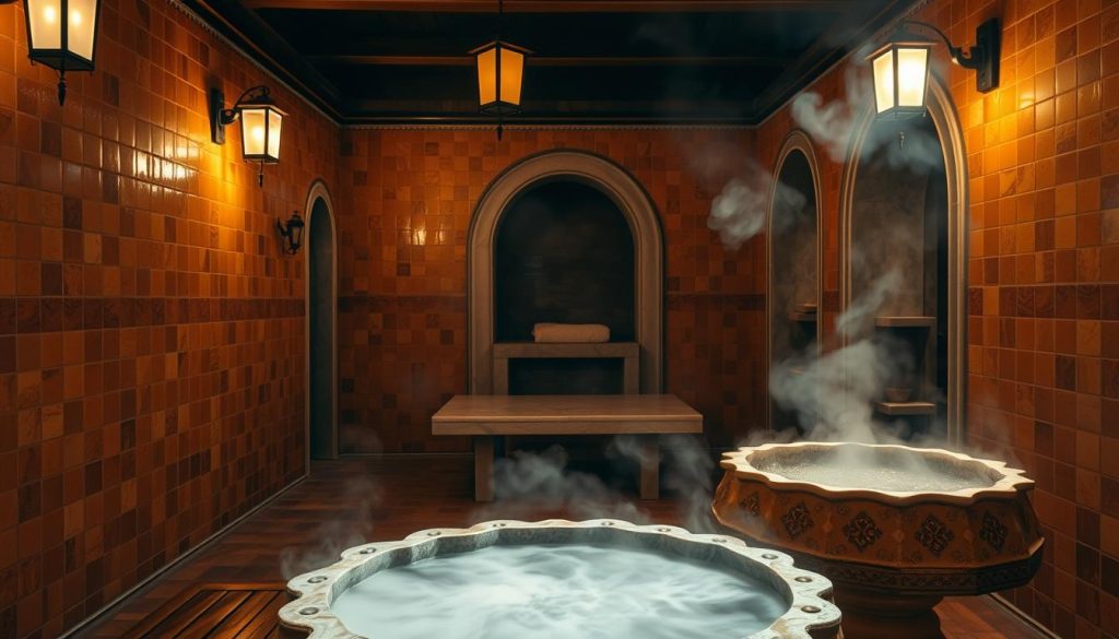 A dimly lit, traditional Turkish hammam interior, with tiled walls and floors in shades of warm ochre and terracotta. In the foreground, a wooden platform with a large, ornate marble basin filled with steaming water. Plumes of mist and vapor rise from the basin, casting a hazy, atmospheric glow. In the middle ground, an alcove with a raised, heated marble slab where patrons recline and receive their massages. Soft, diffused lighting from overhead lanterns illuminates the scene, creating a sense of tranquility and relaxation. In the background, ornate arched entryways and alcoves lead to other areas of the hammam, hinting at the immersive, authentic experience awaiting visitors. A dimly lit, traditional Turkish hammam interior, with tiled walls and floors in shades of warm ochre and terracotta. In the foreground, a wooden platform with a large, ornate marble basin filled with steaming water. Plumes of mist and vapor rise from the basin, casting a hazy, atmospheric glow. In the middle ground, an alcove with a raised, heated marble slab where patrons recline and receive their massages. Soft, diffused lighting from overhead lanterns illuminates the scene, creating a sense of tranquility and relaxation. In the background, ornate arched entryways and alcoves lead to other areas of the hammam, hinting at the immersive, authentic experience awaiting visitors.