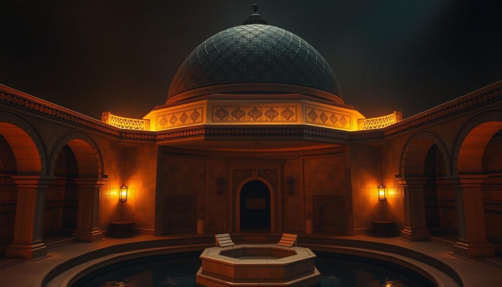 A grand, domed structure with intricate tile patterns adorning its walls, standing tall amidst a serene, atmospheric setting. The warm, amber lighting casts a cozy, inviting glow, beckoning visitors to experience the timeless tradition of the Turkish bath. Arched entryways lead to a central, octagonal chamber with a raised, central platform, surrounded by alcoves and tiled benches. The space is imbued with a sense of history and cultural heritage, exuding an air of tranquility and rejuvenation. The scene evokes the timeless allure of the Turkish bath, a place where one can escape the bustle of the modern world and immerse themselves in the timeless rituals of relaxation and self-care.
