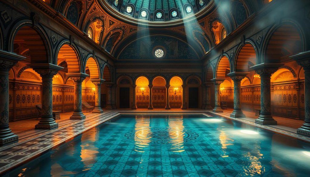 A grand, opulent historical Turkish bath, illuminated by soft, warm lighting filtering through arched doorways and domed ceilings. Intricately patterned tiles line the floors and walls, creating a serene, timeless ambiance. Intricate architectural details, such as ornate columns and intricate arches, frame the tranquil pools and steam-filled chambers. The air is thick with the scent of fragrant oils and the gentle sound of cascading water. An oasis of relaxation and rejuvenation, frozen in a bygone era.