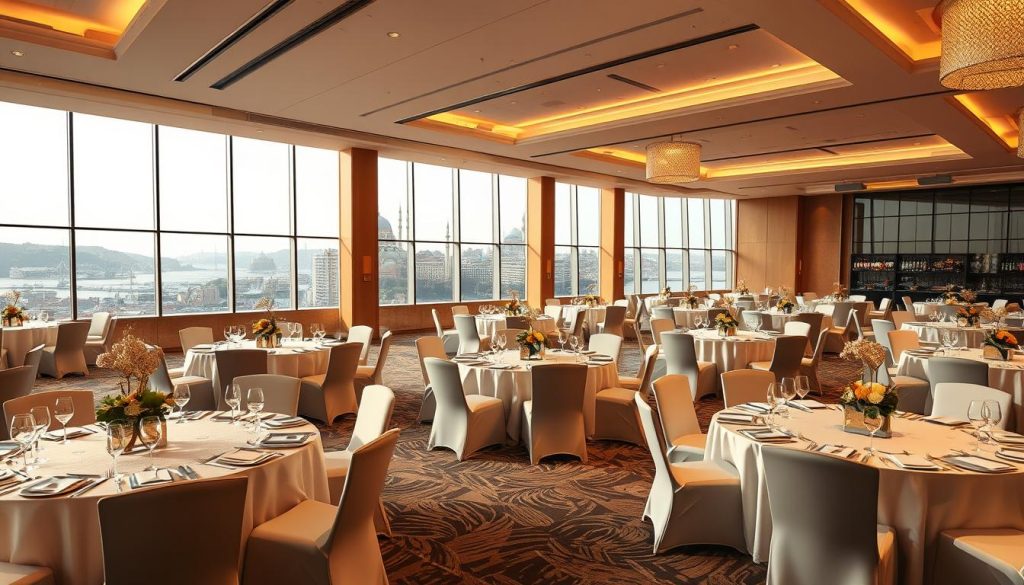 A high-end corporate event venue in the heart of Istanbul, with sweeping views of the Bosphorus Strait. The spacious ballroom is bathed in warm, soft lighting, creating an elegant and sophisticated atmosphere. Round tables are draped in crisp white linens, complemented by sleek, modern centerpieces. In the background, the iconic domes and minarets of the city's historic landmarks can be seen through the floor-to-ceiling windows. The overall scene conveys a sense of refined luxury and attention to detail, setting the stage for a memorable corporate event experience. A high-end corporate event venue in the heart of Istanbul, with sweeping views of the Bosphorus Strait. The spacious ballroom is bathed in warm, soft lighting, creating an elegant and sophisticated atmosphere. Round tables are draped in crisp white linens, complemented by sleek, modern centerpieces. In the background, the iconic domes and minarets of the city's historic landmarks can be seen through the floor-to-ceiling windows. The overall scene conveys a sense of refined luxury and attention to detail, setting the stage for a memorable corporate event experience.