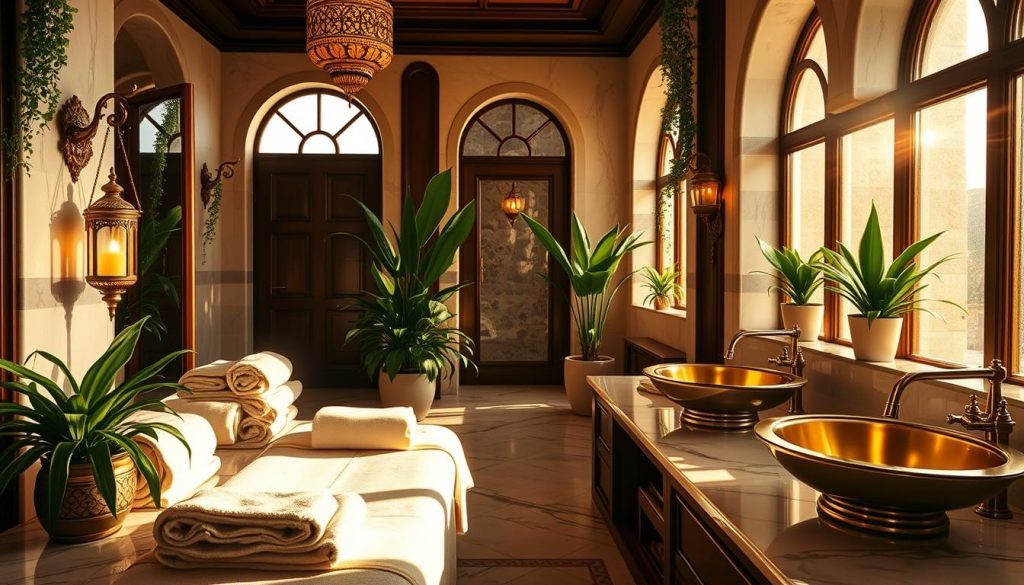 A lavish Turkish spa, bathed in warm, soft lighting. Plush, cream-colored towels and robes adorn the elegant, marble-clad interiors. Ornate Turkish lamps cast a golden glow, while verdant potted plants and cascading greenery add a touch of serenity. Gleaming, polished sinks and fixtures in brushed brass stand out against the rich, dark wood accents. Sunlight filters in through arched windows, casting long shadows and creating a serene, tranquil ambiance. The scene evokes a sense of luxury, indulgence, and relaxation, perfect for a VIP corporate massage experience in Istanbul. A lavish Turkish spa, bathed in warm, soft lighting. Plush, cream-colored towels and robes adorn the elegant, marble-clad interiors. Ornate Turkish lamps cast a golden glow, while verdant potted plants and cascading greenery add a touch of serenity. Gleaming, polished sinks and fixtures in brushed brass stand out against the rich, dark wood accents. Sunlight filters in through arched windows, casting long shadows and creating a serene, tranquil ambiance. The scene evokes a sense of luxury, indulgence, and relaxation, perfect for a VIP corporate massage experience in Istanbul.