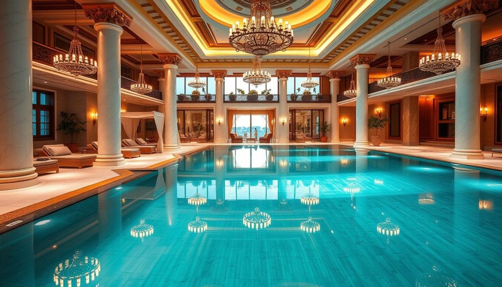 A lavish, opulent spa center in Istanbul, Turkey. The foreground features a serene indoor pool with crystal-clear turquoise waters, surrounded by gleaming white marble floors and elegant columns. In the middle ground, plush lounge chairs and cabanas invite guests to relax and unwind. The background showcases high ceilings, ornate chandeliers, and rich, warm lighting that creates a soothing, luxurious atmosphere. Soft natural textures, such as wood and stone, are interspersed throughout, complementing the overall luxurious aesthetic. The scene exudes a sense of tranquility, indulgence, and the epitome of a premium spa experience.