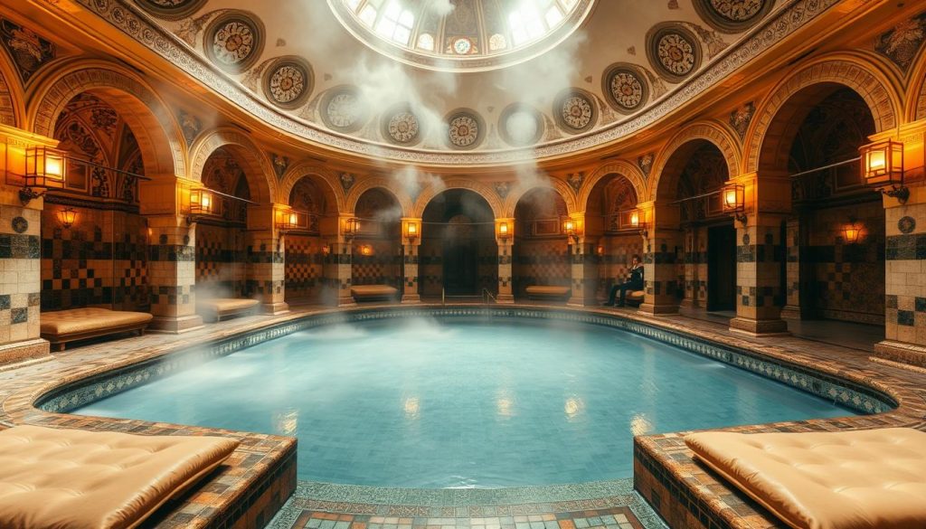 A luxurious Turkish bath interior, with intricate tiled floors and walls, warm lighting casting a golden glow. Ornate domed ceilings soar overhead, while plush, cushioned alcoves line the periphery, inviting weary guests to unwind. Fragrant steam swirls through the air, a serene oasis of relaxation. The scene evokes the rich cultural heritage and timeless elegance of Istanbul's hidden spa destinations, a tranquil retreat from the bustling city streets. A luxurious Turkish bath interior, with intricate tiled floors and walls, warm lighting casting a golden glow. Ornate domed ceilings soar overhead, while plush, cushioned alcoves line the periphery, inviting weary guests to unwind. Fragrant steam swirls through the air, a serene oasis of relaxation. The scene evokes the rich cultural heritage and timeless elegance of Istanbul's hidden spa destinations, a tranquil retreat from the bustling city streets.