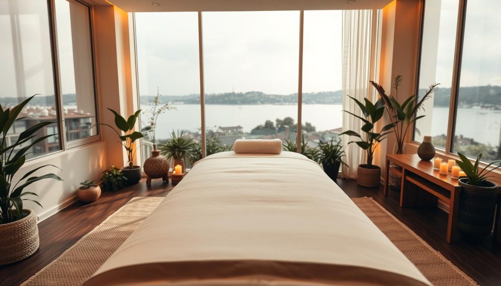 A luxurious aromatherapy massage studio in Istanbul, bathed in warm, diffused lighting. A plush, white foam massage table takes center stage, surrounded by tranquil vistas of the Bosphorus Strait. Fragrant essential oils infuse the air, creating a calming, meditative atmosphere. Lush, verdant plants and natural textures, such as woven rugs and wooden accents, complement the serene scene. The camera angle captures the scene from a low, intimate perspective, highlighting the soothing, holistic nature of this specialized massage treatment.