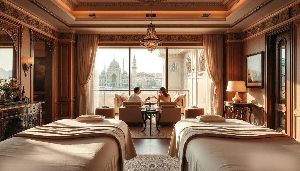 A luxurious couples' spa retreat in the heart of Istanbul, with elegant Turkish-inspired decor and soothing natural lighting. In the foreground, a serene treatment room features plush massage tables, soft linens, and calming aromatherapy. The middle ground showcases a tranquil relaxation lounge, where couples unwind on cozy seating, sipping herbal teas. The background reveals a backdrop of ornate architectural details, transporting viewers to the enchanting ambiance of Istanbul. The overall mood is one of indulgence, relaxation, and rejuvenation.
