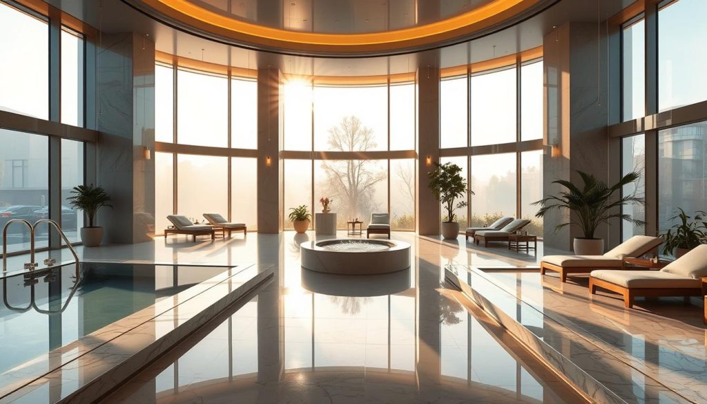 A luxurious indoor spa oasis, with sleek modern architecture and opulent marble floors. Radiant natural lighting filters through large windows, casting a warm glow over the plush seating areas and tranquil pools. Elegant, curved lines shape the minimalist decor, accentuated by soothing water features and lush greenery. A serene, yet energizing atmosphere, perfect for indulgent massage treatments and pampering. Capture the essence of sophisticated relaxation at the Elite World Grand Istanbul Küçükyalı spa. A luxurious indoor spa oasis, with sleek modern architecture and opulent marble floors. Radiant natural lighting filters through large windows, casting a warm glow over the plush seating areas and tranquil pools. Elegant, curved lines shape the minimalist decor, accentuated by soothing water features and lush greenery. A serene, yet energizing atmosphere, perfect for indulgent massage treatments and pampering. Capture the essence of sophisticated relaxation at the Elite World Grand Istanbul Küçükyalı spa.