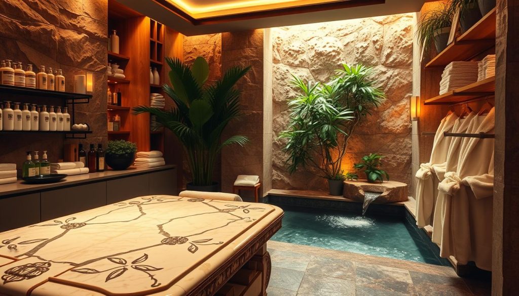 A luxurious spa interior with warm lighting, natural stone walls, and lush greenery. In the foreground, an ornate marble scrub table stands ready for a relaxing exfoliation treatment. Shelves of premium skincare products line the walls, hinting at the pampering services on offer. Soft towels and plush robes create an inviting ambiance, while the distant sound of running water evokes the tranquility of a traditional Turkish bath. A serene, high-end atmosphere that transports the viewer to an oasis of rejuvenation and self-care. A luxurious spa interior with warm lighting, natural stone walls, and lush greenery. In the foreground, an ornate marble scrub table stands ready for a relaxing exfoliation treatment. Shelves of premium skincare products line the walls, hinting at the pampering services on offer. Soft towels and plush robes create an inviting ambiance, while the distant sound of running water evokes the tranquility of a traditional Turkish bath. A serene, high-end atmosphere that transports the viewer to an oasis of rejuvenation and self-care.