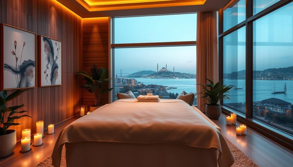 A luxurious spa suite bathed in warm, soft lighting. In the foreground, a plush massage table draped with crisp white linens, surrounded by delicately scented candles and lush potted plants. The middle ground features a wooden accent wall, adorned with serene, abstract artwork. In the background, a panoramic window frames a picturesque view of the Bosphorus Strait, with the iconic silhouette of Istanbul's skyline in the distance. The overall atmosphere evokes a sense of tranquility, pampering, and rejuvenation, perfect for a VIP spa experience. A luxurious spa suite bathed in warm, soft lighting. In the foreground, a plush massage table draped with crisp white linens, surrounded by delicately scented candles and lush potted plants. The middle ground features a wooden accent wall, adorned with serene, abstract artwork. In the background, a panoramic window frames a picturesque view of the Bosphorus Strait, with the iconic silhouette of Istanbul's skyline in the distance. The overall atmosphere evokes a sense of tranquility, pampering, and rejuvenation, perfect for a VIP spa experience.