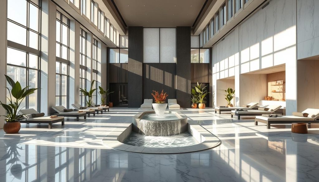 A modern, luxurious spa interior in Istanbul, Turkey. Sunlight streams through floor-to-ceiling windows, illuminating polished marble floors and sleek, contemporary furnishings. A centerpiece water feature cascades gently, its soothing sounds echoing off the minimalist, high-ceilinged space. Plush loungers and private treatment rooms suggest a serene, pampering experience. Exotic plants and artful decor evoke a fusion of traditional Turkish and cutting-edge design. The atmosphere is one of tranquility, relaxation, and an embrace of Istanbul's evolving massage and wellness culture. A modern, luxurious spa interior in Istanbul, Turkey. Sunlight streams through floor-to-ceiling windows, illuminating polished marble floors and sleek, contemporary furnishings. A centerpiece water feature cascades gently, its soothing sounds echoing off the minimalist, high-ceilinged space. Plush loungers and private treatment rooms suggest a serene, pampering experience. Exotic plants and artful decor evoke a fusion of traditional Turkish and cutting-edge design. The atmosphere is one of tranquility, relaxation, and an embrace of Istanbul's evolving massage and wellness culture.