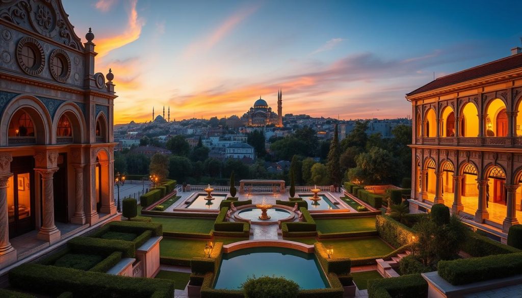 A panoramic view of the five most renowned Turkish spa destinations in Istanbul, illuminated by warm, golden lighting. The foreground showcases the ornate, marble-clad exteriors of these renowned establishments, with intricate architectural details and inviting entryways. The middle ground features lush, verdant gardens and tranquil reflecting pools, creating a serene and rejuvenating atmosphere. In the background, the iconic skyline of Istanbul's historic district rises, with the majestic domes and minarets of its iconic mosques silhouetted against a vibrant, sunset-kissed sky. The image conveys a sense of luxury, relaxation, and the allure of Istanbul's premier spa experiences. A panoramic view of the five most renowned Turkish spa destinations in Istanbul, illuminated by warm, golden lighting. The foreground showcases the ornate, marble-clad exteriors of these renowned establishments, with intricate architectural details and inviting entryways. The middle ground features lush, verdant gardens and tranquil reflecting pools, creating a serene and rejuvenating atmosphere. In the background, the iconic skyline of Istanbul's historic district rises, with the majestic domes and minarets of its iconic mosques silhouetted against a vibrant, sunset-kissed sky. The image conveys a sense of luxury, relaxation, and the allure of Istanbul's premier spa experiences.