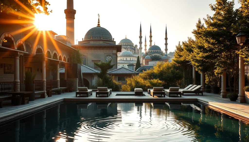 A picturesque Turkish spa nestled in the historic heart of Istanbul, bathed in warm, golden sunlight filtering through lush greenery. Ornate Ottoman-style architecture with intricate tile work and domed roofs stands tall, inviting visitors to indulge in a soothing retreat. In the foreground, a tranquil reflecting pool mirrors the serene scene, its surface gently rippling. The middle ground features a serene courtyard with plush lounge chairs, where guests can relax and unwind. The background showcases the iconic domes and minarets of the city's famous landmarks, creating a harmonious blend of modern luxury and timeless charm. This tourist-friendly spa exudes an atmosphere of relaxation and cultural immersion, perfectly capturing the essence of Istanbul's renowned hospitality.