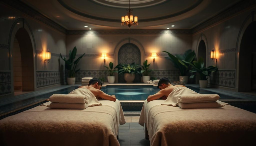 A romantic couples' spa scene in a serene, dimly-lit Turkish bathhouse. Two plush massage tables sit in the foreground, draped in soft white towels. In the middle ground, couples recline side-by-side, indulging in relaxing massages under the warm glow of wall sconces. The background features ornate tile walls, lush potted plants, and a central domed ceiling, creating an atmosphere of tranquility and indulgence. Muted colors, soft shadows, and a shallow depth of field emphasize the intimate, luxurious mood. A romantic couples' spa scene in a serene, dimly-lit Turkish bathhouse. Two plush massage tables sit in the foreground, draped in soft white towels. In the middle ground, couples recline side-by-side, indulging in relaxing massages under the warm glow of wall sconces. The background features ornate tile walls, lush potted plants, and a central domed ceiling, creating an atmosphere of tranquility and indulgence. Muted colors, soft shadows, and a shallow depth of field emphasize the intimate, luxurious mood.
