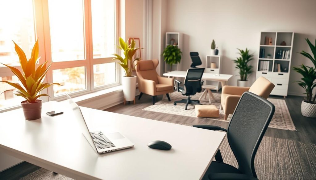 A serene and organized office workspace, bathed in warm, natural lighting from large windows. In the foreground, a minimalist desk with a sleek laptop, a potted plant, and a strategically placed productivity-boosting item like a desk massager or ergonomic mouse. In the middle ground, comfortable yet professional-looking office chairs and tasteful decor that creates a calming ambiance. The background features a clean, clutter-free layout with shelves or storage units, subtle patterns, and a sense of balance and harmony. The overall atmosphere evokes efficiency, focus, and a harmonious work environment that fosters productivity. A serene and organized office workspace, bathed in warm, natural lighting from large windows. In the foreground, a minimalist desk with a sleek laptop, a potted plant, and a strategically placed productivity-boosting item like a desk massager or ergonomic mouse. In the middle ground, comfortable yet professional-looking office chairs and tasteful decor that creates a calming ambiance. The background features a clean, clutter-free layout with shelves or storage units, subtle patterns, and a sense of balance and harmony. The overall atmosphere evokes efficiency, focus, and a harmonious work environment that fosters productivity.