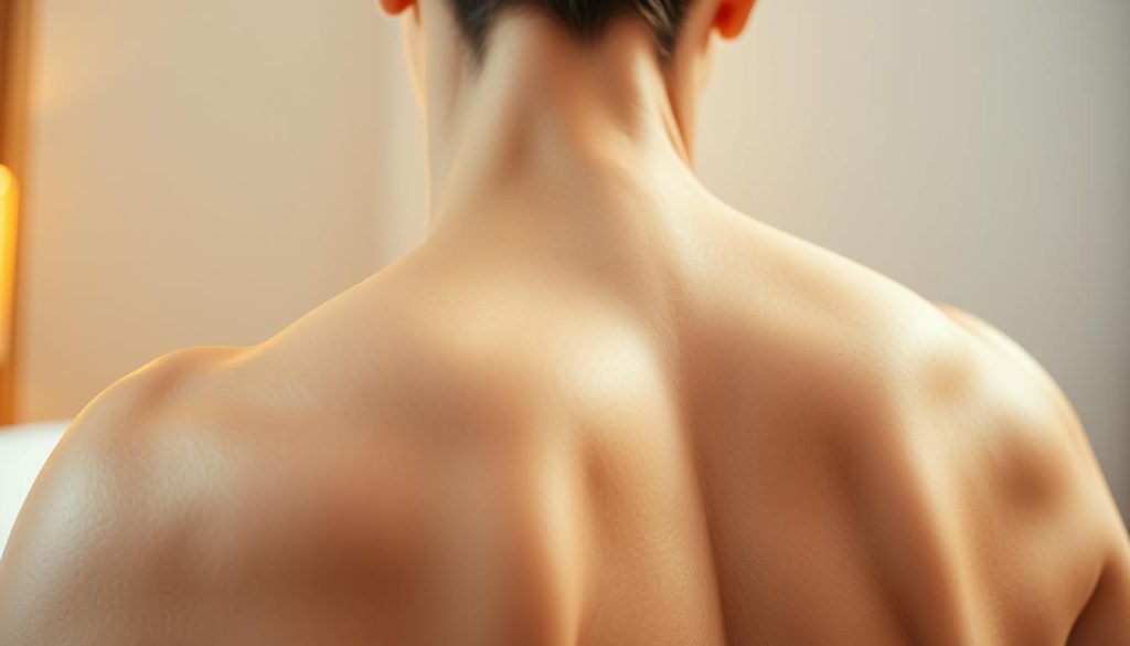 A serene and relaxing massage scene with a close-up view of the back, neck, and shoulders. Warm, soft lighting casts a soothing glow, highlighting the intricate muscle structures and contours of the upper body. The skin appears smooth and supple, begging to be kneaded by skilled hands. The background is blurred, creating a sense of focus and tranquility, transporting the viewer to a peaceful, rejuvenating moment. The overall atmosphere evokes a sense of comfort, care, and personalized attention, fitting the article's theme of "Personalized Care: Targeting Your Back, Neck, and Shoulders". A serene and relaxing massage scene with a close-up view of the back, neck, and shoulders. Warm, soft lighting casts a soothing glow, highlighting the intricate muscle structures and contours of the upper body. The skin appears smooth and supple, begging to be kneaded by skilled hands. The background is blurred, creating a sense of focus and tranquility, transporting the viewer to a peaceful, rejuvenating moment. The overall atmosphere evokes a sense of comfort, care, and personalized attention, fitting the article's theme of "Personalized Care: Targeting Your Back, Neck, and Shoulders".