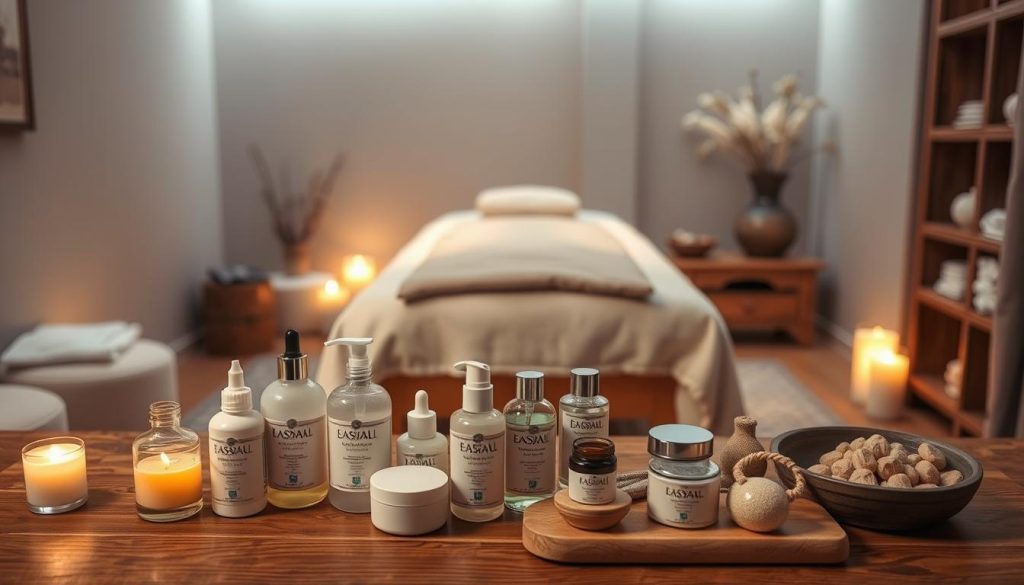 A serene and relaxing massage studio in Istanbul, with soft lighting, plush furnishings, and soothing aromatherapy. In the foreground, a variety of massage oils, creams, and tools are neatly arranged on a wooden table. In the middle ground, a massage table is positioned, with a cozy blanket and pillow inviting the viewer to imagine themselves in a state of deep relaxation. The background features muted tones and minimalist decor, creating a calming and tranquil atmosphere that evokes a sense of rejuvenation and stress relief. A serene and relaxing massage studio in Istanbul, with soft lighting, plush furnishings, and soothing aromatherapy. In the foreground, a variety of massage oils, creams, and tools are neatly arranged on a wooden table. In the middle ground, a massage table is positioned, with a cozy blanket and pillow inviting the viewer to imagine themselves in a state of deep relaxation. The background features muted tones and minimalist decor, creating a calming and tranquil atmosphere that evokes a sense of rejuvenation and stress relief.