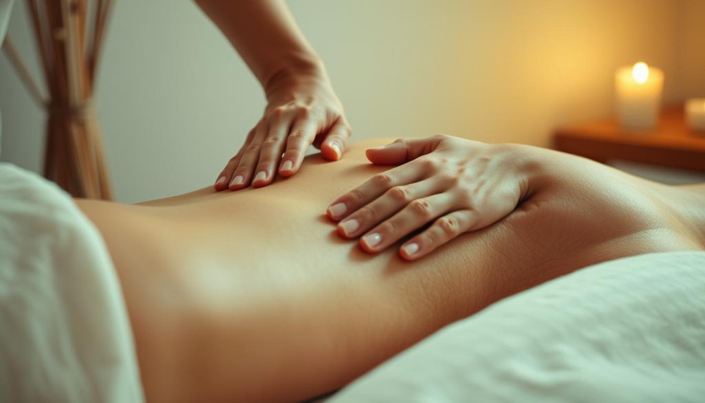 A serene and tranquil deep tissue massage session, captured in a soft, diffused lighting. The scene depicts skilled hands kneading and manipulating the muscles, gently yet firmly, to release tension and promote relaxation. The model's body is partially obscured, maintaining a sense of privacy, while the focus remains on the therapeutic touch. The background is muted, with subtle hints of a calming, spa-like environment, creating an atmosphere of peaceful rejuvenation. The angle is slightly elevated, allowing the viewer to observe the process with a sense of calm detachment. Overall, the image conveys a sense of therapeutic healing and restorative well-being. A serene and tranquil deep tissue massage session, captured in a soft, diffused lighting. The scene depicts skilled hands kneading and manipulating the muscles, gently yet firmly, to release tension and promote relaxation. The model's body is partially obscured, maintaining a sense of privacy, while the focus remains on the therapeutic touch. The background is muted, with subtle hints of a calming, spa-like environment, creating an atmosphere of peaceful rejuvenation. The angle is slightly elevated, allowing the viewer to observe the process with a sense of calm detachment. Overall, the image conveys a sense of therapeutic healing and restorative well-being.