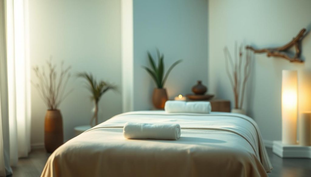 A serene and tranquil indoor setting, with a plush massage table in the foreground bathed in warm, soft lighting. Calming blue and green hues create a soothing atmosphere, while soft textures such as fluffy towels and satin pillows invite relaxation. In the background, a minimalist decor with natural elements like plants and driftwood, evoking a sense of balance and harmony. The overall scene exudes a sense of peace, calm, and rejuvenation, perfectly capturing the essence of stress relief, better sleep, and mental clarity. A serene and tranquil indoor setting, with a plush massage table in the foreground bathed in warm, soft lighting. Calming blue and green hues create a soothing atmosphere, while soft textures such as fluffy towels and satin pillows invite relaxation. In the background, a minimalist decor with natural elements like plants and driftwood, evoking a sense of balance and harmony. The overall scene exudes a sense of peace, calm, and rejuvenation, perfectly capturing the essence of stress relief, better sleep, and mental clarity.