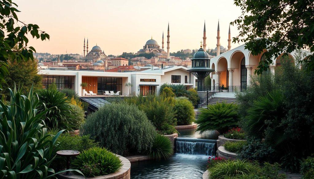 A serene and vibrant cityscape of Istanbul, showcasing the current wellness trends and beauty services. In the foreground, a lush oasis of verdant plants and cascading water features, creating a calming atmosphere. In the middle ground, modern spa-like buildings with sleek architectural lines and warm, natural tones, reflecting the latest wellness and beauty offerings. In the background, the iconic domes and minarets of historic mosques, blending traditional and contemporary elements. Soft, diffused lighting bathes the scene, accentuating the harmony between the urban landscape and the rejuvenating wellness experiences. The overall composition evokes a sense of tranquility, innovation, and the city's evolving self-care culture. A serene and vibrant cityscape of Istanbul, showcasing the current wellness trends and beauty services. In the foreground, a lush oasis of verdant plants and cascading water features, creating a calming atmosphere. In the middle ground, modern spa-like buildings with sleek architectural lines and warm, natural tones, reflecting the latest wellness and beauty offerings. In the background, the iconic domes and minarets of historic mosques, blending traditional and contemporary elements. Soft, diffused lighting bathes the scene, accentuating the harmony between the urban landscape and the rejuvenating wellness experiences. The overall composition evokes a sense of tranquility, innovation, and the city's evolving self-care culture.