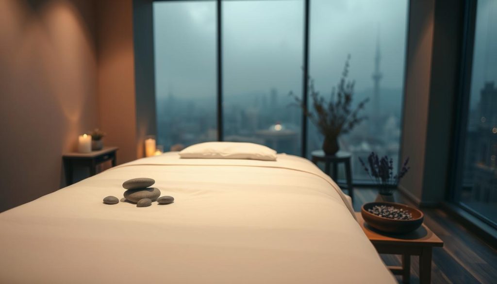 A serene, dimly lit massage studio in Bakırköy, with soft, warm lighting illuminating the scene. In the foreground, a plush, inviting massage table is draped in crisp, white linens. Scattered around the table are tranquil, natural elements such as smooth river stones, fragrant candles, and a bowl of fresh lavender. The middle ground features a tranquil, soothing atmosphere with muted tones and minimalist decor, creating a calming, therapeutic ambiance. The background is hazy, with a subtle, out-of-focus view of the city skyline, conveying a sense of escape and relaxation from the bustling urban environment. The overall mood is one of deep tranquility, inviting the viewer to experience the mental and physical rejuvenation of a stress-relieving massage.