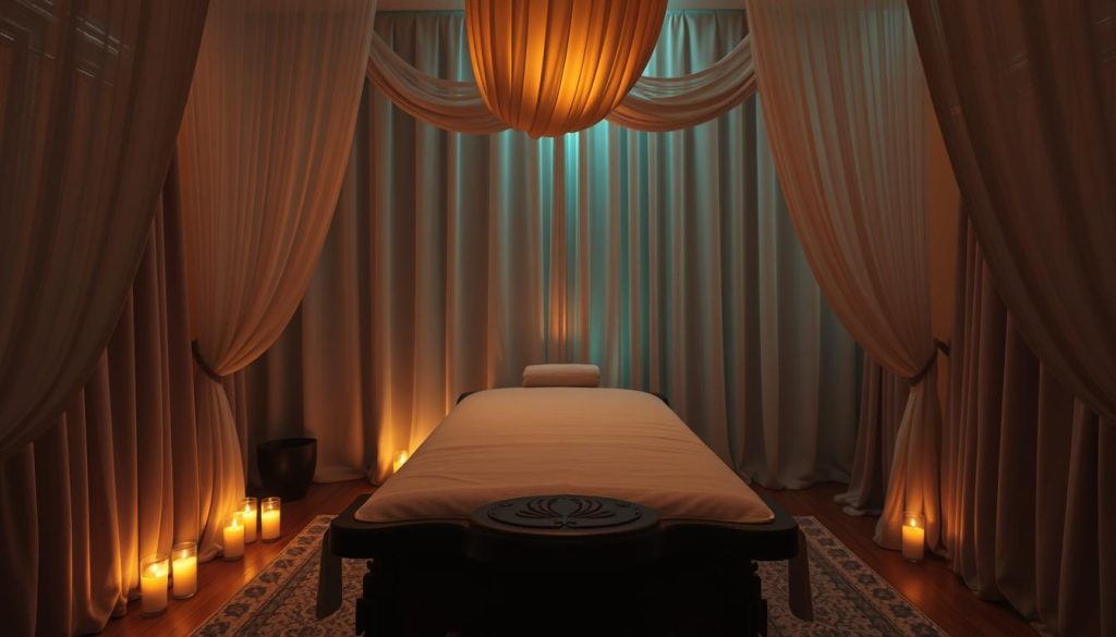 A serene, dimly lit massage studio in Beylikdüzü, with lush, plush bedding and soothing ambient lighting. Velvety, elegant curtains frame the scene, casting a warm, sensual glow. Soft, fragrant candles flicker, filling the air with a calming, therapeutic essence. In the center, a beautifully carved, wooden massage table awaits, its smooth surface glistening invitingly. Elegant, flowing draperies cascade from the ceiling, creating a sense of privacy and intimacy. The overall atmosphere evokes a tranquil, rejuvenating experience, perfect for a restorative sensual massage.