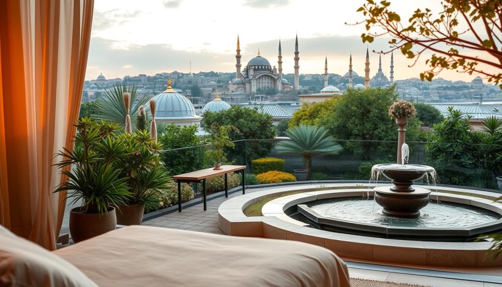 A serene, holistic treatment center nestled in the vibrant heart of Istanbul. The foreground depicts a cozy, well-appointed therapy room with plush, inviting furnishings and soft, warm lighting. In the middle ground, a tranquil meditation garden with lush greenery, a bubbling fountain, and a calming, minimalist aesthetic. The background showcases the iconic domes and minarets of the historic city skyline, bathed in the golden glow of the setting sun. The overall atmosphere exudes a sense of restorative calm, wellness, and personalized care.