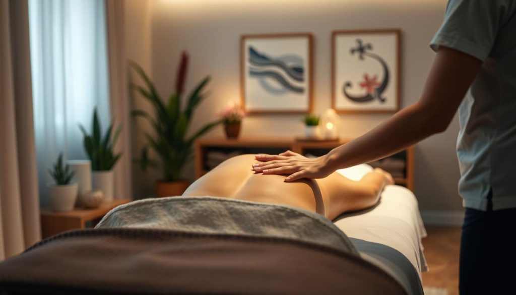 A serene massage studio with soft, ambient lighting illuminating the scene. In the foreground, a professional massage therapist's hands gently manipulate the back and shoulders of a reclining patient on a padded massage table. The middle ground features soothing decor elements like potted plants, calming artwork, and plush textiles, creating a peaceful, therapeutic atmosphere. The background subtly blurs, allowing the focus to remain on the skilled massage technique. The overall mood is one of tranquility, relaxation, and the therapeutic benefits of medical massage. A serene massage studio with soft, ambient lighting illuminating the scene. In the foreground, a professional massage therapist's hands gently manipulate the back and shoulders of a reclining patient on a padded massage table. The middle ground features soothing decor elements like potted plants, calming artwork, and plush textiles, creating a peaceful, therapeutic atmosphere. The background subtly blurs, allowing the focus to remain on the skilled massage technique. The overall mood is one of tranquility, relaxation, and the therapeutic benefits of medical massage.