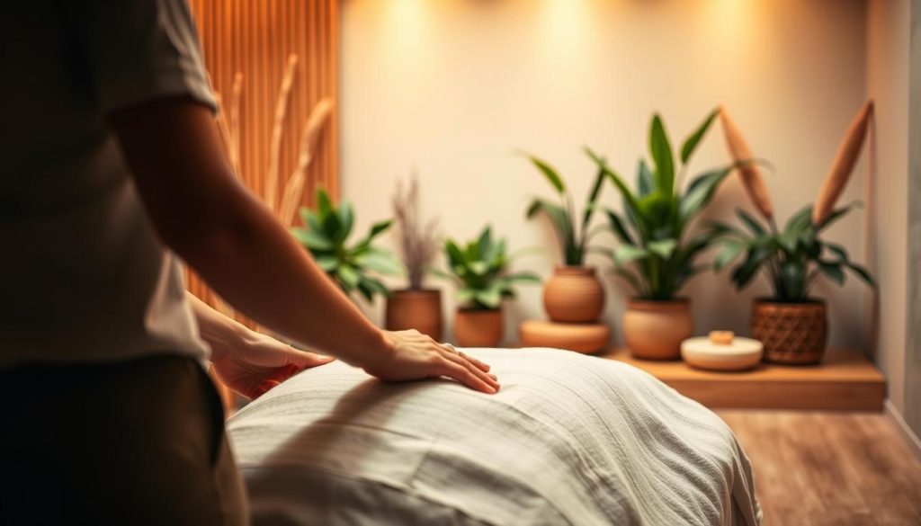 A serene massage studio with warm, diffused lighting and soothing, earthy tones. In the foreground, a professional massage therapist's hands gently kneading the back of a relaxed client, their face hidden from view. Lush potted plants and natural wood accents create a calming, spa-like ambiance in the middle ground. The background features a tranquil, minimalist setting with muted colors, inviting the viewer to imagine the sense of mental clarity and stress relief that could be experienced through this massage therapy session. A serene massage studio with warm, diffused lighting and soothing, earthy tones. In the foreground, a professional massage therapist's hands gently kneading the back of a relaxed client, their face hidden from view. Lush potted plants and natural wood accents create a calming, spa-like ambiance in the middle ground. The background features a tranquil, minimalist setting with muted colors, inviting the viewer to imagine the sense of mental clarity and stress relief that could be experienced through this massage therapy session.