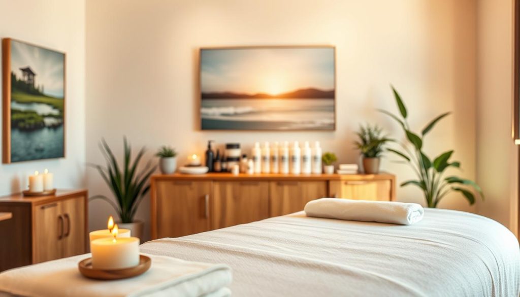 A serene massage studio with warm, natural lighting and a welcoming atmosphere. In the foreground, a sleek, modern massage table with plush linens and a set of aromatherapy candles. The middle ground showcases a display of massage oils, lotions, and tools neatly arranged on a wooden shelf. In the background, a calming landscape painting or soothing indoor plants create a tranquil, spa-like ambiance. The overall composition conveys professionalism, attention to detail, and a commitment to providing a rejuvenating experience for clients.