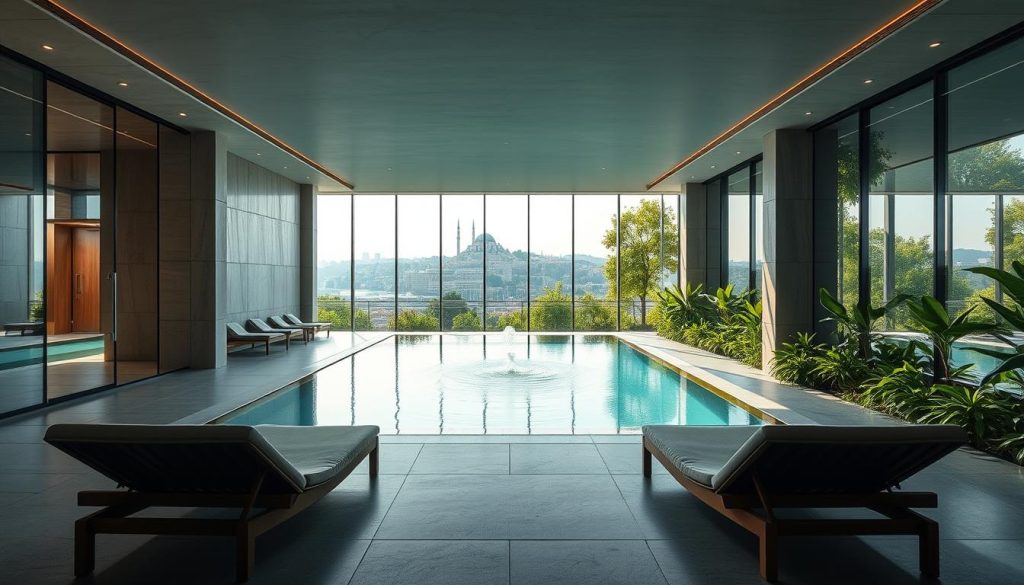 A serene, modern spa retreat nestled in the heart of Istanbul, with a stylish, minimalist exterior of sleek glass and stone. The interior is bathed in natural light, showcasing a tranquil pool flanked by plush, contemporary loungers. Lush, verdant foliage and soothing water features create a calming, meditative atmosphere. Soft, diffused lighting from hidden sources casts a warm, inviting glow, while large windows offer panoramic views of the historic city skyline in the distance. The overall ambiance evokes a sense of rejuvenation and escape, perfect for indulging in luxurious massage treatments and wellness rituals.
