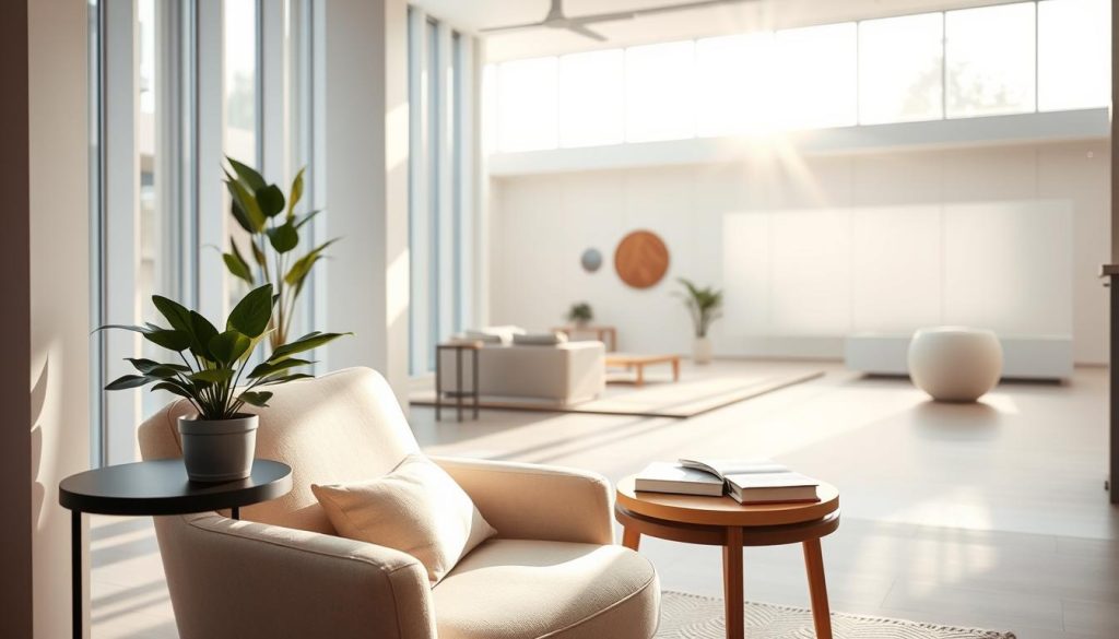 A serene, modern wellness center in Istanbul, with sunlight streaming through floor-to-ceiling windows. In the foreground, a plush armchair and side table with a potted plant, creating a cozy reading nook. In the middle ground, an open-concept space with minimalist furniture and soothing neutral tones. The background features a tranquil meditation area, with soft lighting and a calming water feature. The overall atmosphere exudes a sense of balance, rejuvenation, and increased productivity through personalized wellness treatments.
