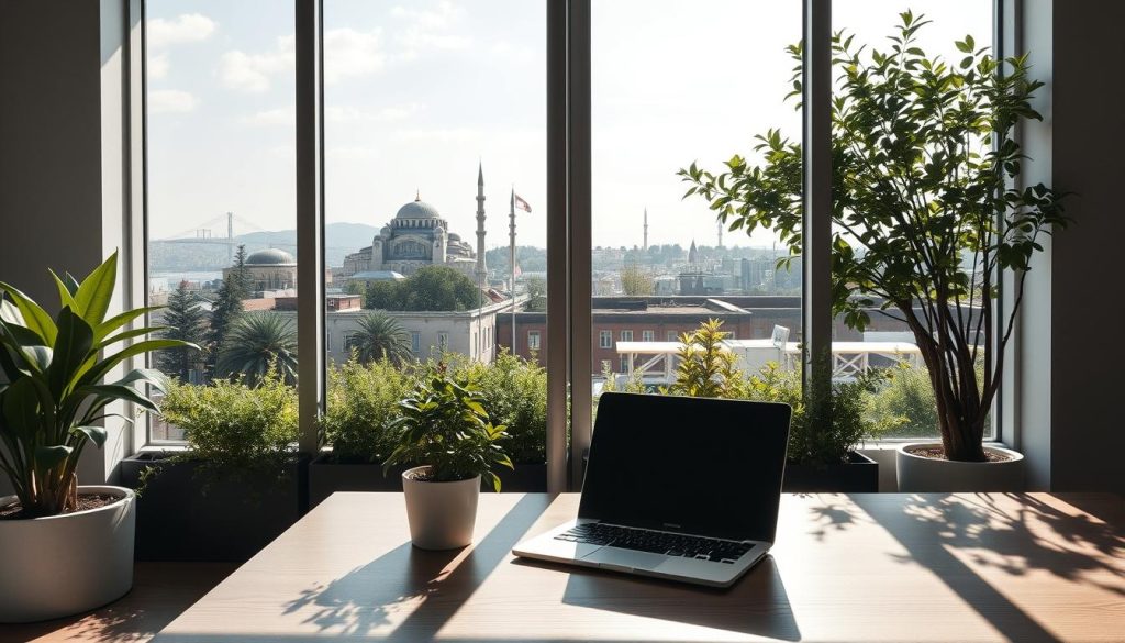 A serene office setting in Istanbul, with a lush urban rooftop garden providing a tranquil oasis. Sunlight filters through large windows, illuminating a minimalist workspace where a potted plant and a laptop rest on a sleek wooden desk. In the background, the iconic silhouette of the Hagia Sophia and other historic landmarks can be seen, blending the old and new. A calming atmosphere pervades the scene, suggesting a harmonious work-life balance amidst the vibrant city. A serene office setting in Istanbul, with a lush urban rooftop garden providing a tranquil oasis. Sunlight filters through large windows, illuminating a minimalist workspace where a potted plant and a laptop rest on a sleek wooden desk. In the background, the iconic silhouette of the Hagia Sophia and other historic landmarks can be seen, blending the old and new. A calming atmosphere pervades the scene, suggesting a harmonious work-life balance amidst the vibrant city.
