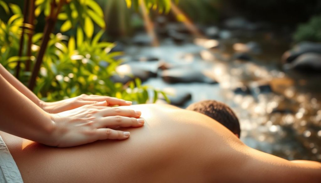 A serene scene of a peaceful massage session in a natural setting. In the foreground, the soft hands of a masseuse glide over the shoulders of a relaxed client, their skin glowing with a natural radiance. The middle ground features lush, verdant foliage, with shafts of warm, golden light filtering through the leaves. In the background, a tranquil stream flows, its gentle sounds creating a soothing ambiance. The overall atmosphere is one of calm, rejuvenation, and a celebration of the beauty found in simplicity and the natural world. A serene scene of a peaceful massage session in a natural setting. In the foreground, the soft hands of a masseuse glide over the shoulders of a relaxed client, their skin glowing with a natural radiance. The middle ground features lush, verdant foliage, with shafts of warm, golden light filtering through the leaves. In the background, a tranquil stream flows, its gentle sounds creating a soothing ambiance. The overall atmosphere is one of calm, rejuvenation, and a celebration of the beauty found in simplicity and the natural world.