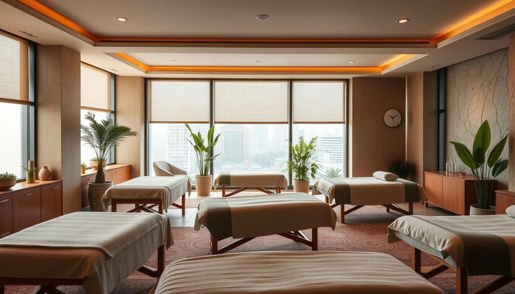 A serene spa oasis nestled in the heart of Maltepe, featuring a tranquil indoor space with soft lighting, soothing earth-toned decor, and an array of massage tables arranged for optimal relaxation. The foreground showcases various massage modalities, from deep tissue to aromatherapy, while the middle ground depicts a cozy, inviting ambiance with plush textiles and calming greenery. The background subtly hints at the bustling city outside, creating a harmonious contrast between the busy urban landscape and the peaceful sanctuary within. A serene spa oasis nestled in the heart of Maltepe, featuring a tranquil indoor space with soft lighting, soothing earth-toned decor, and an array of massage tables arranged for optimal relaxation. The foreground showcases various massage modalities, from deep tissue to aromatherapy, while the middle ground depicts a cozy, inviting ambiance with plush textiles and calming greenery. The background subtly hints at the bustling city outside, creating a harmonious contrast between the busy urban landscape and the peaceful sanctuary within.