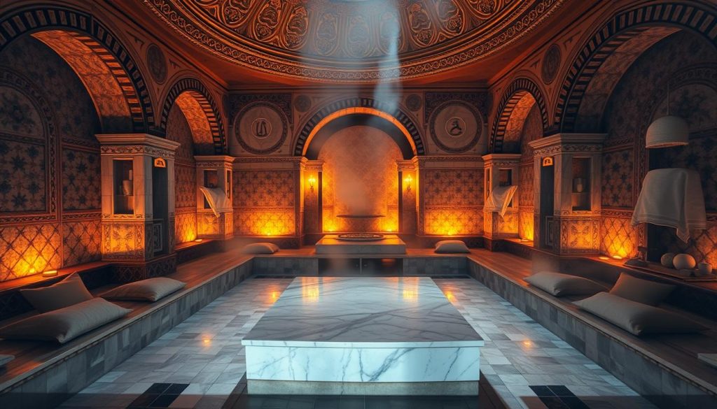 A serene traditional Turkish hammam with intricate tile work, featuring a central heated marble plinth for reclining. Warm ambient lighting casts a golden glow, with steam gently rising and reflecting off the polished surfaces. The room's architecture incorporates archways, domed ceilings, and ornate details, creating an atmosphere of timeless elegance and relaxation. Soft textiles and plush seating surround the central plinth, inviting visitors to indulge in the rejuvenating rituals of this centuries-old wellness tradition. A serene traditional Turkish hammam with intricate tile work, featuring a central heated marble plinth for reclining. Warm ambient lighting casts a golden glow, with steam gently rising and reflecting off the polished surfaces. The room's architecture incorporates archways, domed ceilings, and ornate details, creating an atmosphere of timeless elegance and relaxation. Soft textiles and plush seating surround the central plinth, inviting visitors to indulge in the rejuvenating rituals of this centuries-old wellness tradition.