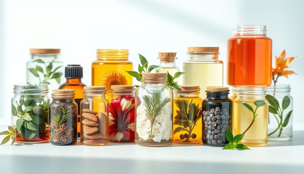 A set of clear glass jars filled with a variety of natural, aromatic essential oils against a clean, minimalist background. The jars are arranged in a visually appealing, geometric pattern, with soft lighting highlighting the vibrant colors and textures of the oils. The overall atmosphere is one of tranquility, simplicity, and the therapeutic power of nature. The image conveys a sense of balance, purity, and the thoughtful curation of these nourishing, stress-relieving blends.