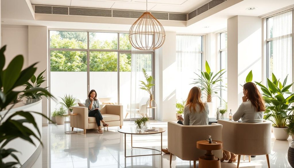 A sun-drenched wellness center in Istanbul, where clients engage in thoughtful consultations with experts. In the foreground, a serene reception area with plush seating and minimalist decor, conveying an atmosphere of tranquility and professionalism. In the middle ground, private consultation rooms with floor-to-ceiling windows, allowing natural light to filter in and create a calming ambiance. In the background, a lush indoor garden with verdant plants, promoting a sense of wellbeing and connection to nature. The overall scene exudes a refined, spa-like aesthetic, reflecting the high-quality, personalized services offered within.