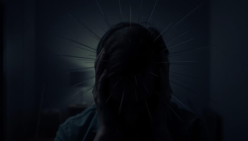 A tense, throbbing headache fills the foreground, with sharp pulsing lines radiating outward from the center. In the middle ground, a dimly lit room comes into focus, the shadows casting a somber, oppressive atmosphere. The background fades into a hazy, muted palette, suggesting the overwhelming fatigue and disorientation that accompanies intense head pain. Soft, diffused lighting from an unseen source casts a subtle glow, creating a sense of vulnerability and the need for relief. The overall composition conveys the debilitating experience of a severe headache, evoking empathy and the desire for the soothing, therapeutic benefits of a professional massage. A tense, throbbing headache fills the foreground, with sharp pulsing lines radiating outward from the center. In the middle ground, a dimly lit room comes into focus, the shadows casting a somber, oppressive atmosphere. The background fades into a hazy, muted palette, suggesting the overwhelming fatigue and disorientation that accompanies intense head pain. Soft, diffused lighting from an unseen source casts a subtle glow, creating a sense of vulnerability and the need for relief. The overall composition conveys the debilitating experience of a severe headache, evoking empathy and the desire for the soothing, therapeutic benefits of a professional massage.